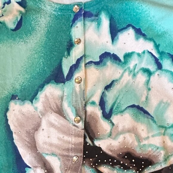 White House Black Market Turquoise Floral Jewel Snap Front Button Cardigan Sz S - Picture 6 of 6